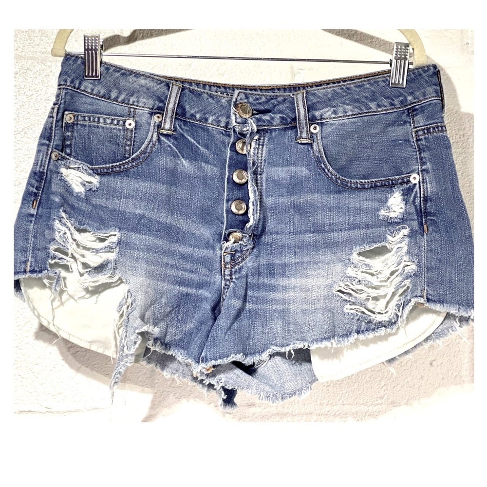 American Eagle Hi-Rise Festival Size 10 Distressed Frayed Denim Jean Shorts